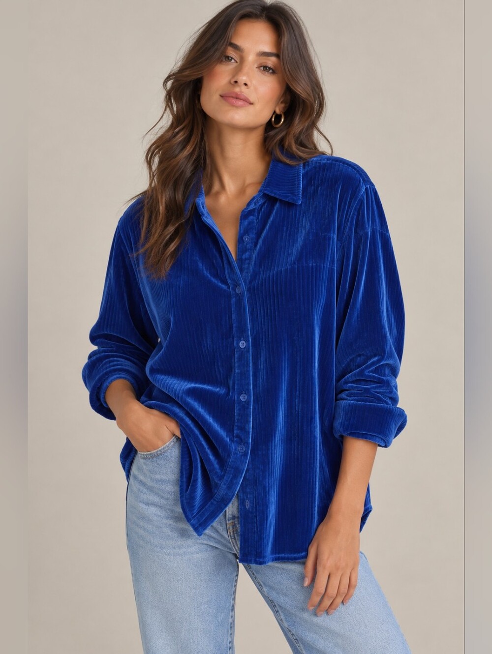 Soft Surroundings Shirt SMALL Velvet Boyfriend Cobalt Blue Silver 2FP50
